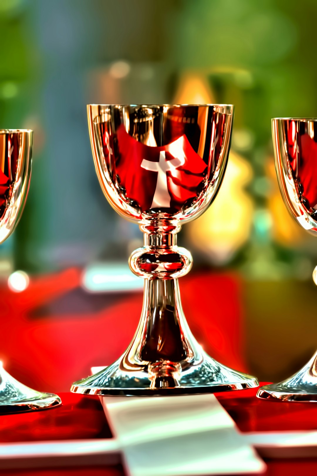 chalice, communion cup, cross, chalices, gospel, evangel, church, white, silver, table, red, blue, daylight, light, true light, day, fabric, stuff, supper, communion, plate, green, sun